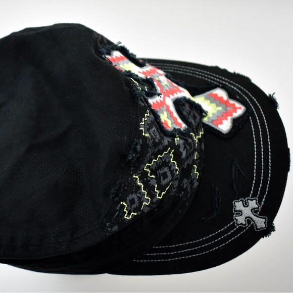 KB Ethos Black Distressed Southwestern Rhinestone Cross Ball Cap Baseball Hat - Picture 7 of 8